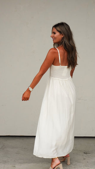 Side view of the Natural Smocked Midi Dress flattering silhouette from COCO The Shop boutique Columbus Ohio