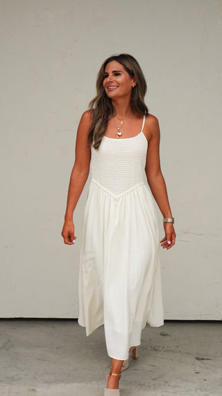 Natural Smocked Midi Dress styled with sandals, casual women's midi dress from COCO The Shop Dublin Ohio