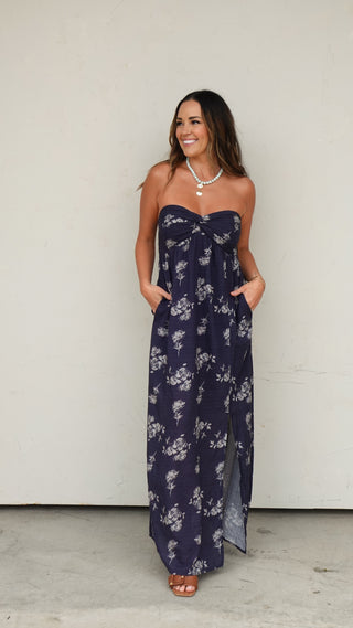 Navy Floral Strapless Dress worn for a wedding guest look, women's elevated dress from COCO The Shop Columbus Ohio
