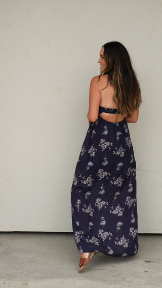 Navy Floral Strapless Dress full length shot, women's boutique dress from COCO The Shop Columbus Ohio