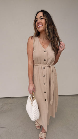 Linen Button-Front Midi Dress with Belt