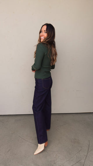 Evergreen Ribbed Knit Button-Front Top