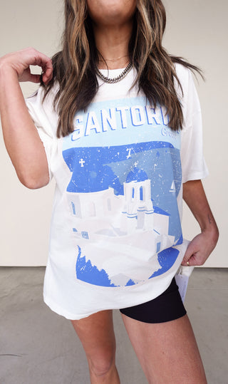 Oversized  White Santorini Greece Tee with Blue Accents