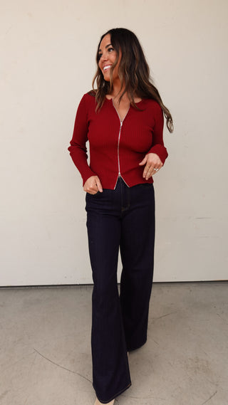 Wine Ribbed Knit Zipper Cardigan