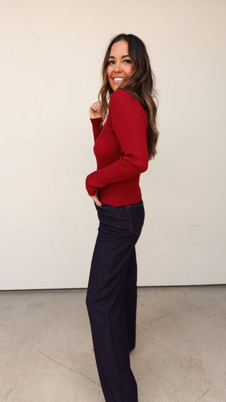 Wine Ribbed Knit Zipper Cardigan