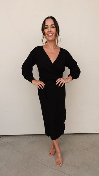 Black Ribbed Knit Wrap Dress