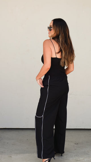 Black Nylon Track Pants styled with a fitted tank, women's athleisure from COCO The Shop Columbus Ohio