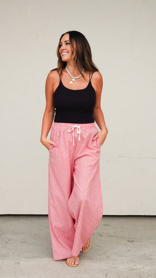 Side view of the Red Striped Drawstring Pant drawstring waist, women's pants from COCO The Shop Columbus Ohio