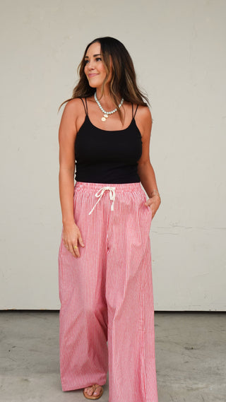 Red Striped Drawstring Pant paired with a fitted tank, women's boutique pants from COCO The Shop Dublin Ohio
