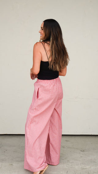 Full length shot of the Red Striped Drawstring Pant, women's statement pants from COCO The Shop Columbus Ohio