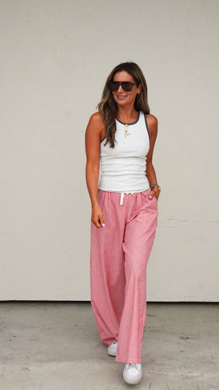 Red Striped Drawstring Pant front view, relaxed silhouette women's pant from COCO The Shop Columbus Ohio