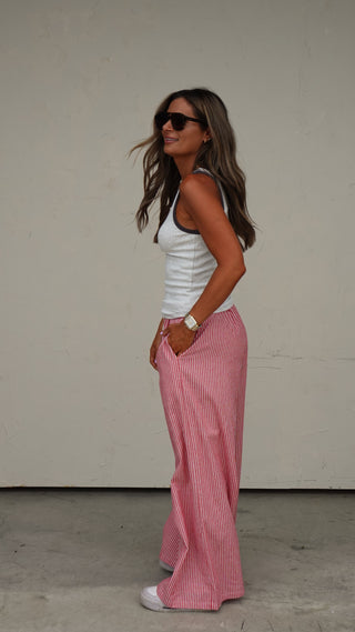 Red Striped Drawstring Pant styled with a white tee, women's boutique outfit from COCO The Shop Dublin Ohio