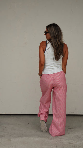 Close-up of the Red Striped Drawstring Pant stripe pattern from COCO The Shop boutique Columbus Ohio
