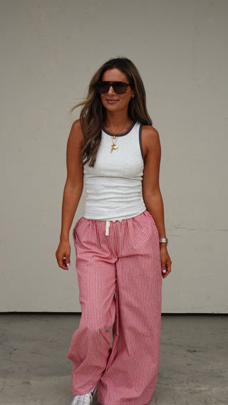 Red Striped Drawstring Pant worn for a casual day out, women's pants from COCO The Shop Dublin Ohio boutique