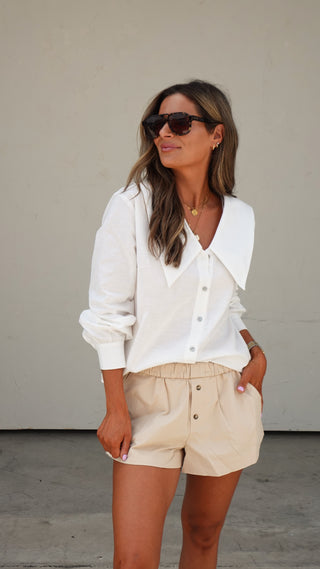 Tan Fold-Over Waist Shorts styled for brunch in Dublin Ohio, women's comfortable shorts from COCO The Shop