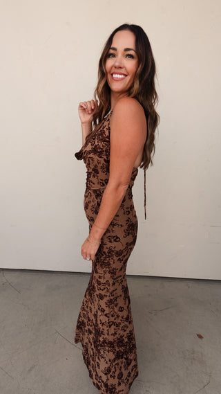 Brown Floral Velvet Draped Halter Dress