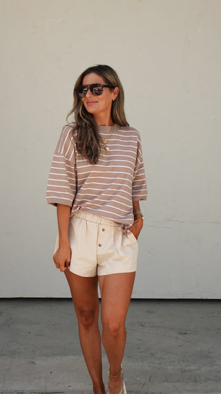 Taupe Striped Knit Short Sleeve Top tucked into shorts, women's boutique top from COCO The Shop Columbus Ohio
