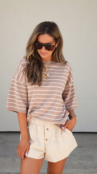 Tan Fold-Over Waist Shorts paired with a tee for errands, women's boutique shorts from COCO The Shop Dublin Ohio
