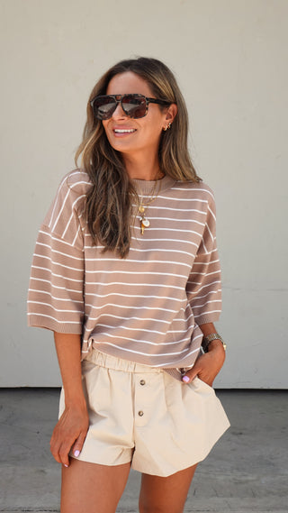 Taupe Striped Knit Short Sleeve Top front view, soft knit women's top from COCO The Shop Columbus Ohio