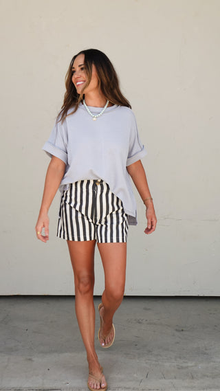 Gray Raised Ribbed Tee styled with high-waisted shorts, women's boutique top from COCO The Shop Dublin Ohio