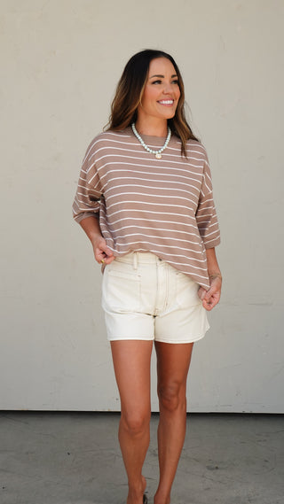 Taupe Striped Knit Short Sleeve Top worn over linen pants, women's boutique top from COCO The Shop Dublin Ohio