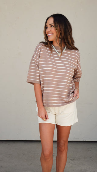 Taupe Striped Knit Short Sleeve Top layered under a blazer, polished women's top from COCO The Shop Dublin Ohio