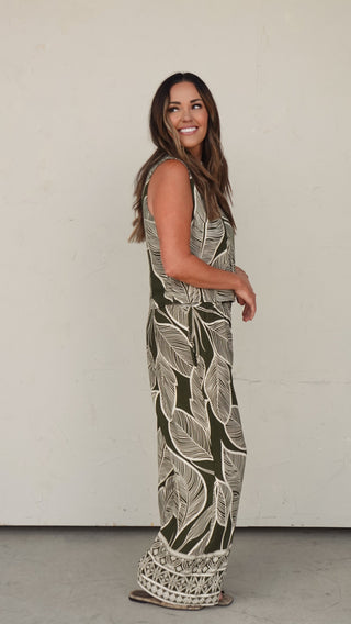 Olive Leaf Print Tank and Pant Set