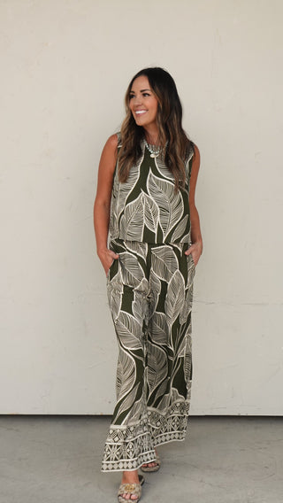 Olive Leaf Print Tank and Pant Set