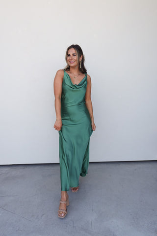 Green Satin Open Back Twist-Strap Maxi Dress