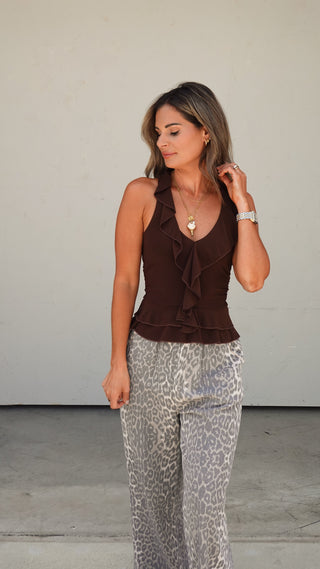 Brown Ruffle Trim Top