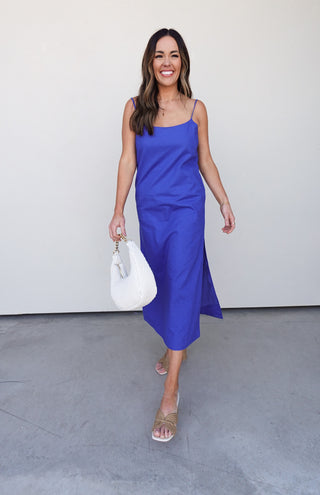 Royal Blue Linen-Blend Midi Dress with Open Back