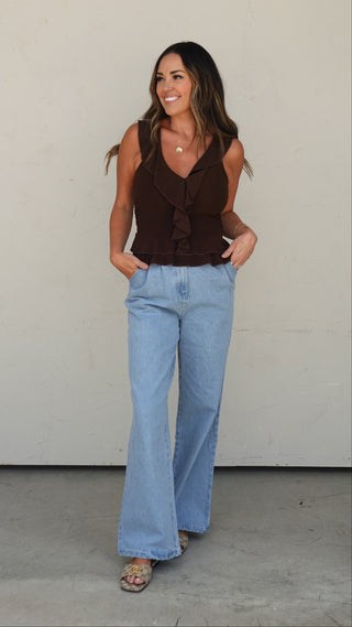 Brown Ruffle Trim Top