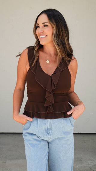 Brown Ruffle Trim Top