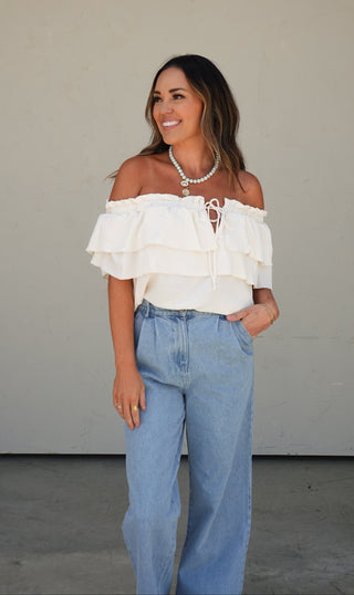 Cream Off-Shoulder Tiered Top