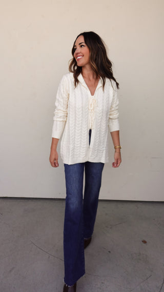 Cream Cableknit Lace Up Sweater