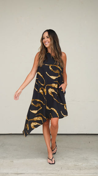 Black One-Shoulder Patterned Dress