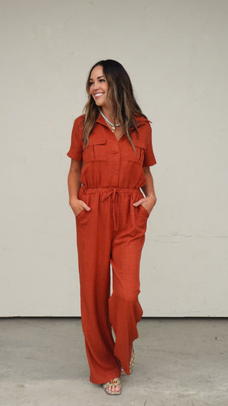 Rust Button-Front Jumpsuit