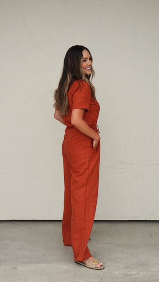 Rust Button-Front Jumpsuit