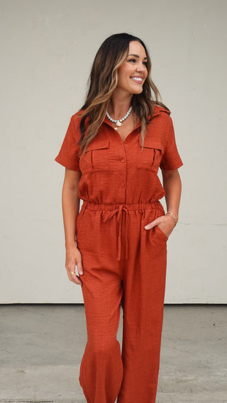 Rust Button-Front Jumpsuit