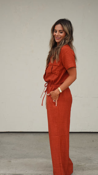 Rust Button-Front Jumpsuit