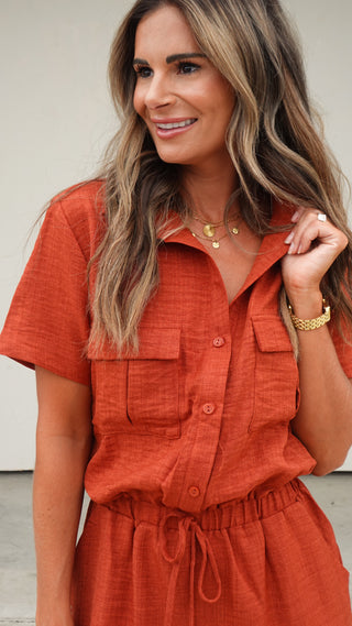 Rust Button-Front Jumpsuit