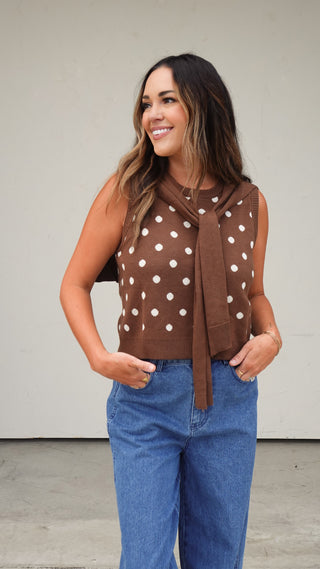 Brown Sleeveless Polka Dot Top