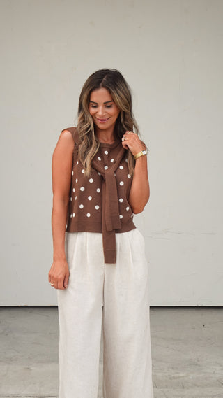 Brown Sleeveless Polka Dot Top