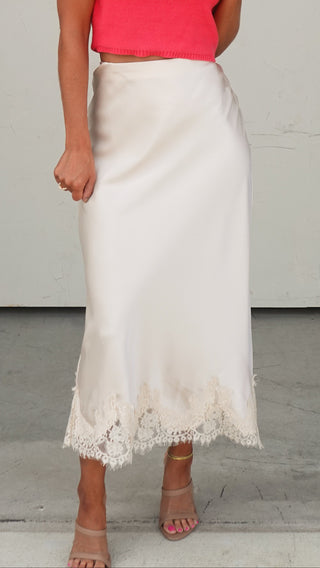 Light Taupe Midi Skirt with Lace Hem