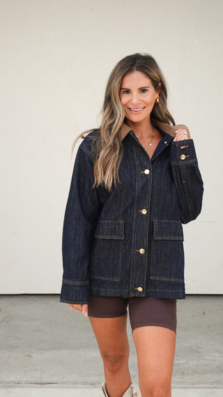 Dark Denim Jacket with Corduroy Collar