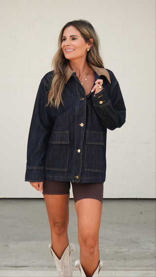 Dark Denim Jacket with Corduroy Collar