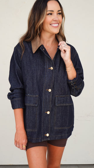 Dark Denim Jacket with Corduroy Collar