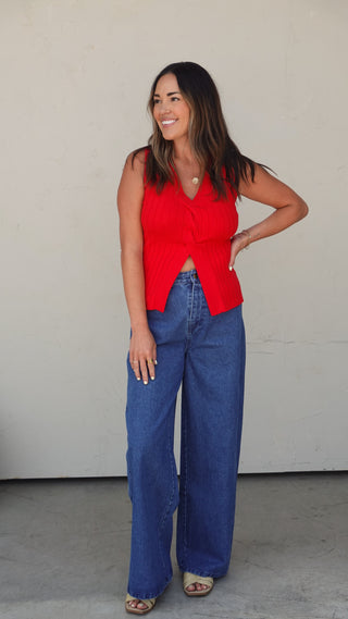 Red Twist-Front Knit Top