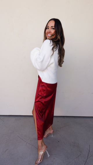 Burgundy Satin Side-Slit Midi Skirt
