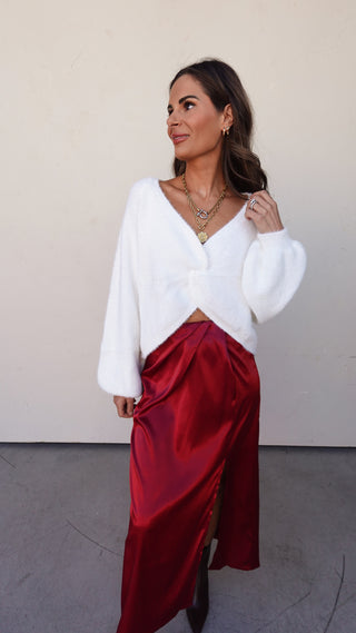 Burgundy Satin Side-Slit Midi Skirt